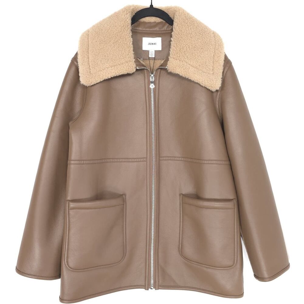 JASON WU New Women's Faux Leather Coat Sherpa Lined Brown Jacket MEDIUM Chic - Picture 9 of 14